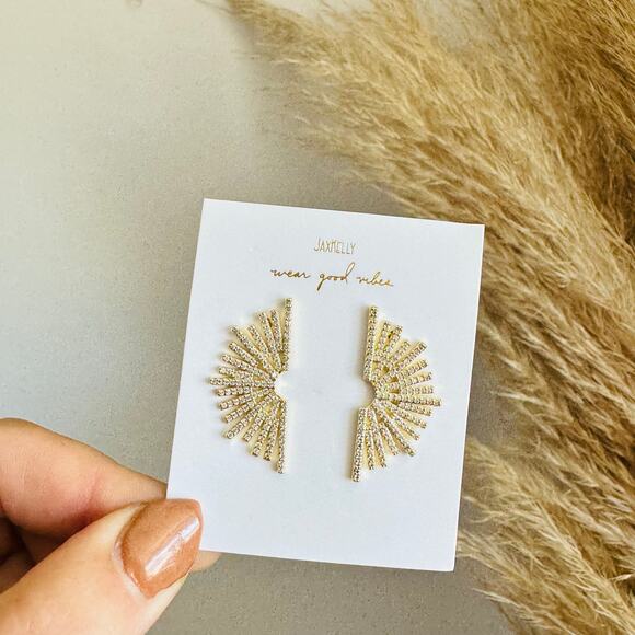 NEW 18kt Gold White Handmade Starbust Sunburst CZ Pave Stone Stud Earrings - Picture 1 of 8